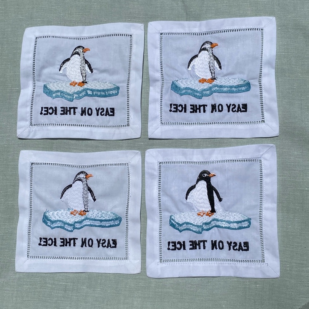Set of 4 August Morgan Easy on the Ice penguin embroidered 6" cocktail napkins - Picture 2 of 7